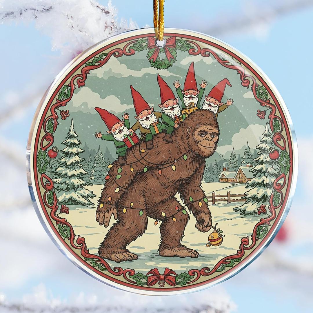 2 x Bigfoot Carrying Gnomes - Bigfoot Christmas Ornament Decorations - Sasquatch Christmas Ornament - Gnomes Christmas Ornaments - Gnomes Christmas Decorations - 3.6 in Acrylic - Funny Gag Gifts