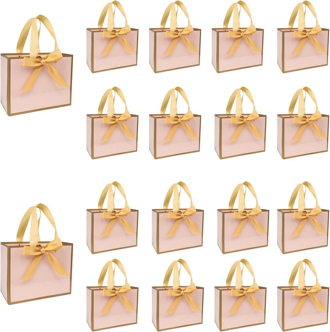 TKSBAG 50 PCS Small Pink Gold Gift Bags with Bow Ribbon - 6.4x3.1x5.1 Inch Thank You Bags with Handles, Bulk for Baby Shower, Bridal Shower, Wedding, Party Favors, Valentine