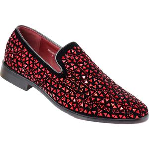 SPK27 Men's Rhinestone Sparkling Suede Dress Shoes Loafer Classic Designer Moccasins (12, Red)