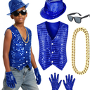 Kids Dance Hip Hop Jazz Costume Boys Sequin Vest Hat Glasses Set for Dance Party 3-12 Years