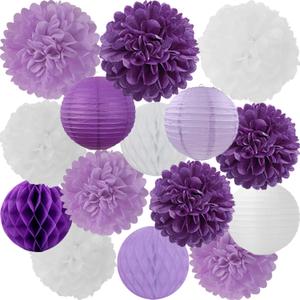 Purple White Paper Flowers Tissue Pom Poms Honeycomb Balls Lanterns 15pcs Party Decorations for Birthday Lavender Baby Shower Wedding Mom Bridal Lilac Retirement Graduation Hanging Decor , Purple White 
