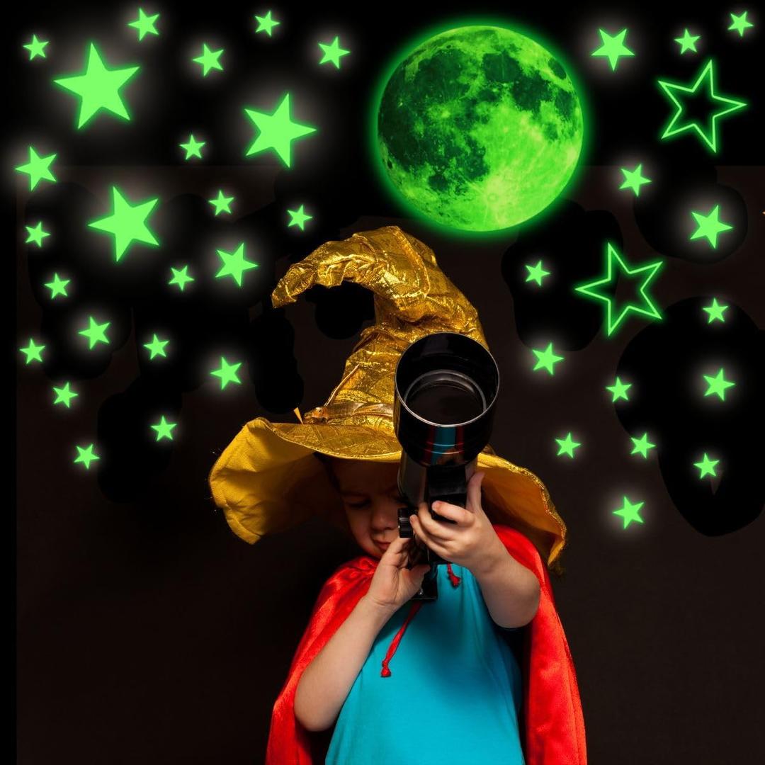 Glow Stars and Full Moon Wall Stickers for Starry Sky,Glowing Star Beautiful Wall Decals for Any Room,Beautiful Wall Decals for Kids Gift,Glow in The Dark Stars Light Your Ceiling (Full Moon & Stars Set)