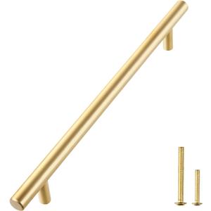 QOGRISUN 2-Pack Solid Brass Cabinet Pulls, Gold Euro Style T Bar Handles, 12-3/5Inch Hole Center for Kitchen Drawer Dresser Cupboard, 15.1-Inch Total Length, Brushed Brass Finish