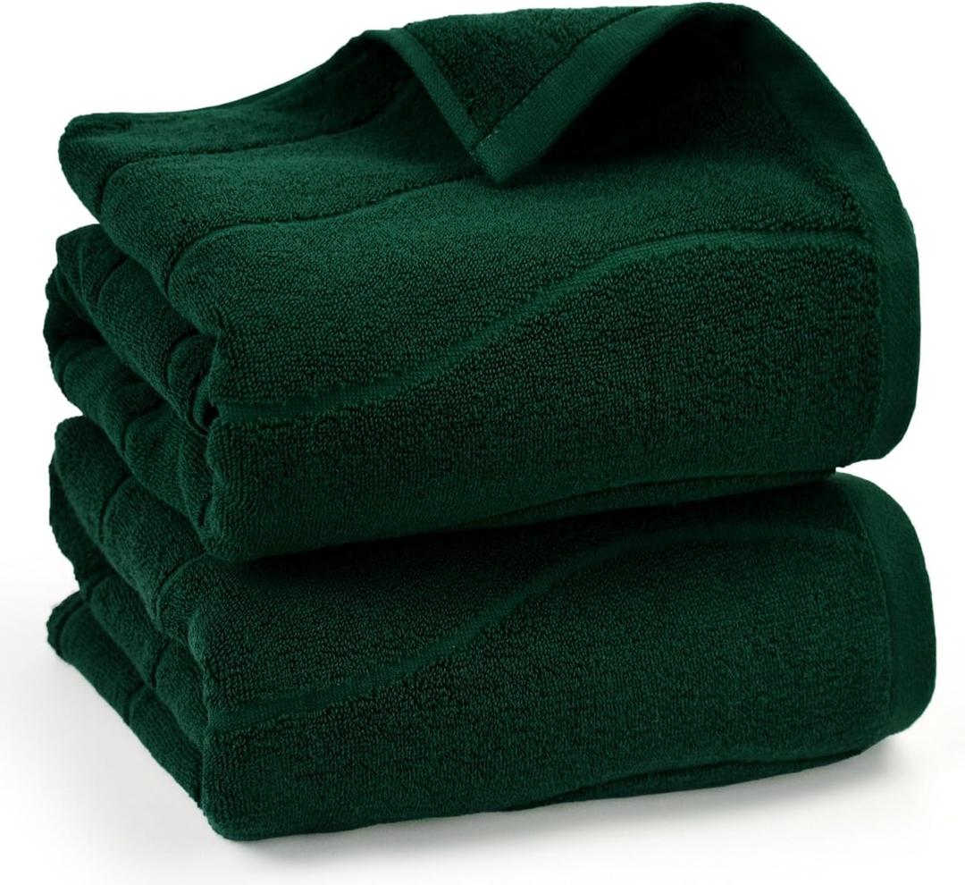Cotton Bath Towels Set of 2 in Forest Green (Wavy Striped Jacquard) 27.5 x 55, Quick Dry Towel for Bathroom Pool Gym Swim