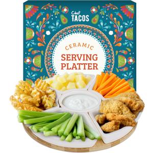 Ceramic Taco Serving Platter - Divided Serving Tray for Taco Tuesday Lazy Susan Taco Bar - Chip and Dip Serving Set for Party - Appetizer Serving Tray for Salsa, Snacks (10 in)