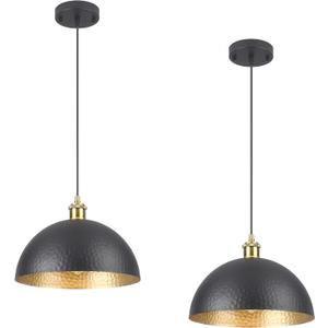 Black Farmhouse Pendant Light with Hammered Metal Shade Vintage Dome Pendant Light Adjustable Hanging Lighting fixtures for Kitchen Island Dining Room Hallway and Bar 2 Pack