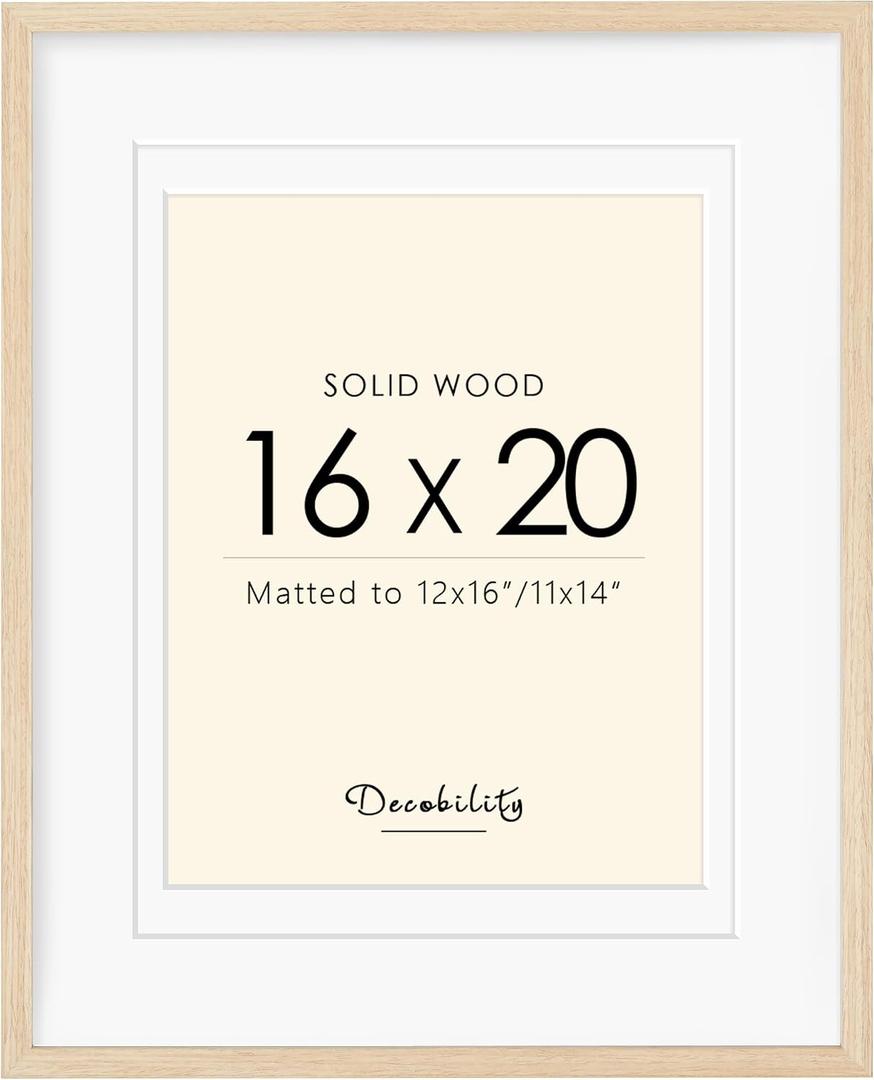 16x20 Picture Frames Matted for 11x14 and 12x16 Picture, Solid Wood with Oak Wood Grain, Double Mats Photo Frame with Plexiglass Fits 3 sizes, Tabletop or Wall Mounting Display, Oak, 16x20" -1 pack