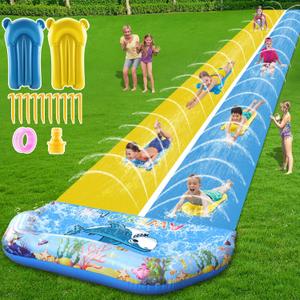 VEEST 33 FT Extra Long Water Slides for Kids Adults, Giant Double Lawn Water Slip Heavy Duty with 2 Bodyboards, Summer Water Slides Toys with Crash Pad for Backyard Outdoor