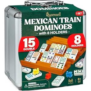 Queensell Mexican Train Dominoes Set Double 15 with 8 Holders - Wooden Hub and Tiles Holders - Double 15 with Dots (D15 + 8 Holders)