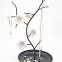 White & Pink Orchid Blooms Jewelry Display Stand | Faux Crystal Dcor Black Tray | Tree Tower Rack Hanging Organizer for Rings Earrings Necklaces Bracelets | Holder Organizer Storage