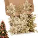 24 Pcs Gold Boxed Christmas Poinsettia Flowers Set, 16 Pcs Artificial Poinsettias with Clips, 8 pcs Glitter Christmas Tree Ornaments Berry Stems for Wedding Home Holiday Xmas New Year Decorations