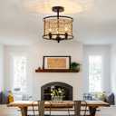 3 Light Rattan Ceiling Light Fixture 11inch Boho Semi Flush Mount Ceiling Light Black Hand-Woven Cage Wicker Chandelier for Farmhouse Bedroom Hallway Entryway Kitchen