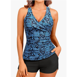Women Tankini Swimsuits with Shorts - Two Piece Tummy Control Bathing Suits Top with Two Pockets Bottom Swimwear