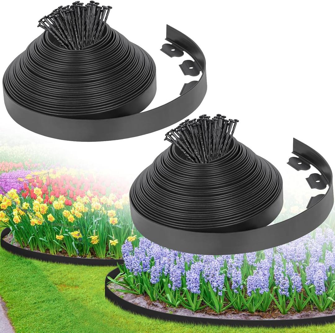 2 x 2-Inch x 100 FT Landscape Edging Border with 150 Stakes, Plastic Edging for Landscaping Garden Edging Border, Flexible Landscaping Edging for Garden Flower Beds Yard Lawn Pathway Paver (Black)