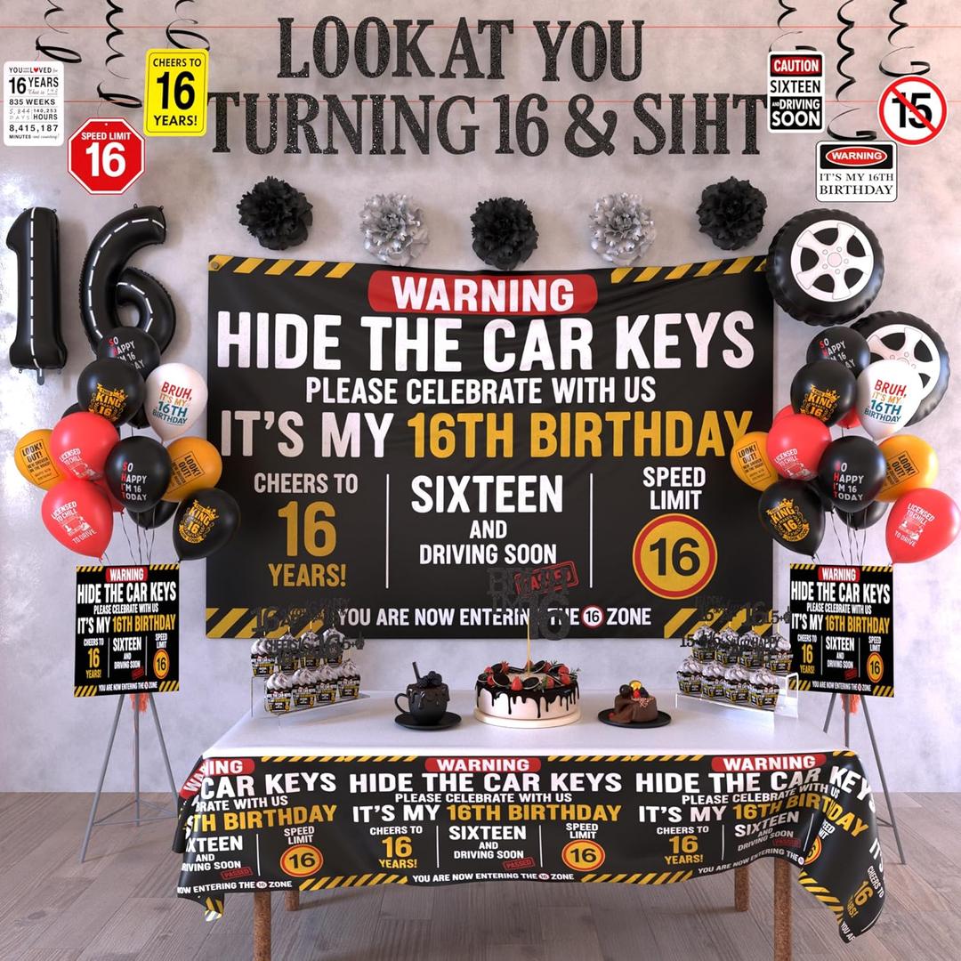 16th Birthday Decorations For Boys Includes Banner, Backdrop, Tablecloth, Latex Balloons, Foil Balloons, Cake Topper, Cupcake Toppers & Hanging Swirls