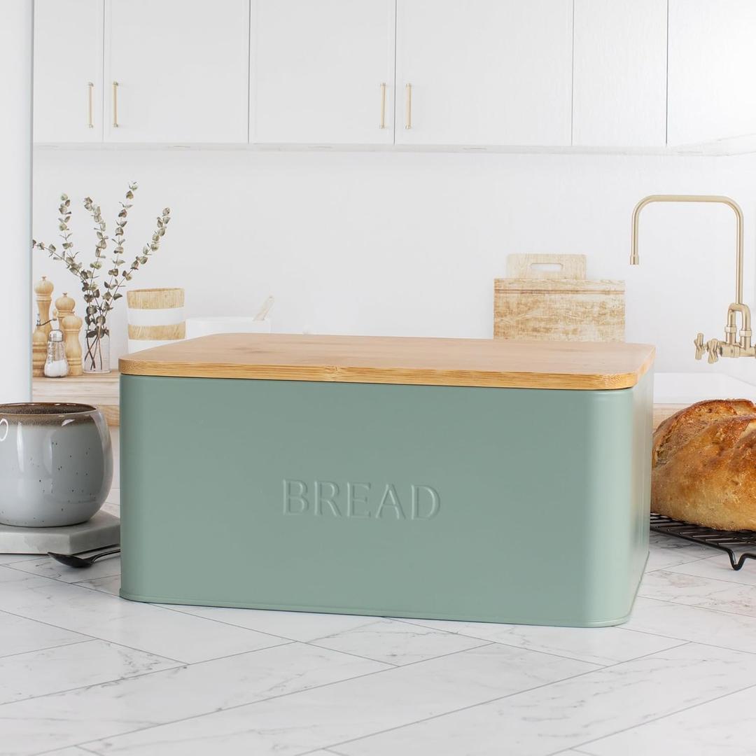 Beautiful Bread Box With Wooden Lid For Your Kitchen Countertop - Spacious Container Perfectly Stores Your Homemade Bread, English Muffins & Bagels - Quality Cutting Board Lid Keeps Bread Fresh (Sage)