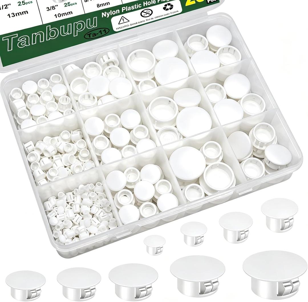 200Pcs 9 Sizes Nylon Plastic Hole Plugs 1/5" 1/4" 5/16" 3/8" 1/2" 5/8" 3/4" 7/8" 1"Round Hole, Flush Type Panel Knockout Locking Plugs,Screw Covers for Furniture Cabinet Insert End Caps(white)