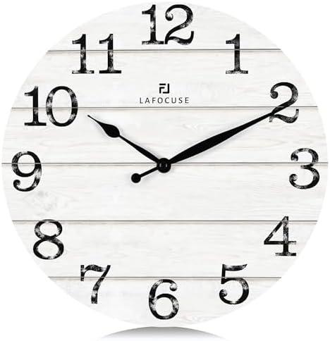 Lafocuse 12 Inch Silent White Wall Clocks for Kitchen Living Room Decor, Wooden Rustic Wall Clock Battery Operated, Decorative Farmhouse Clock