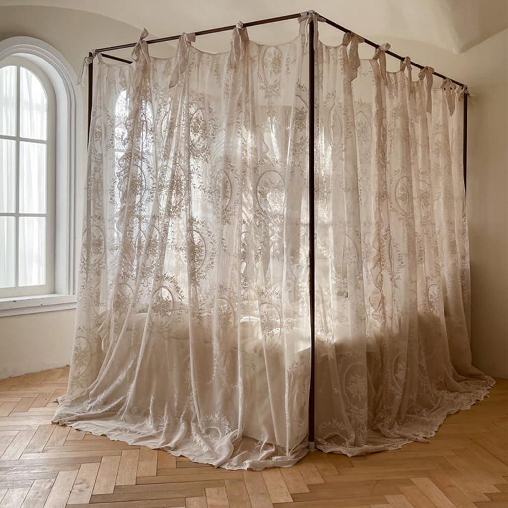 Elegant Lace Princess 4 Corner Post Mosquito Net Romantic for Girls Women Bed Curtain Canopy for Adults Wedding Bedroom Kids Rooms Decoration (Cream-2, Queen)