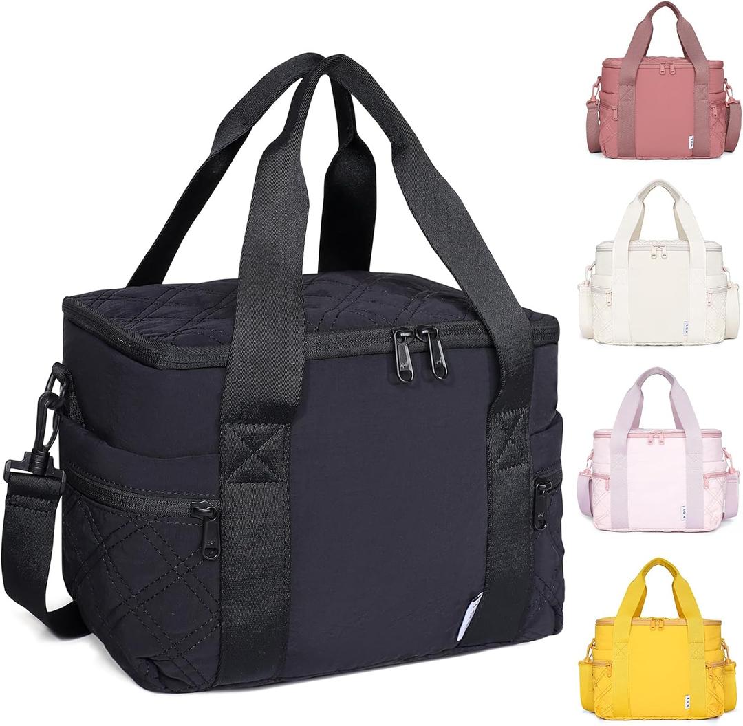 NOL Natural Organic Lifestyle Women's Nylon Lunch Cooler Cute Quilted Lunch Bag Leakproof Insulated Lunch Tote Bag for Work Picnic Travel, Black, Medium