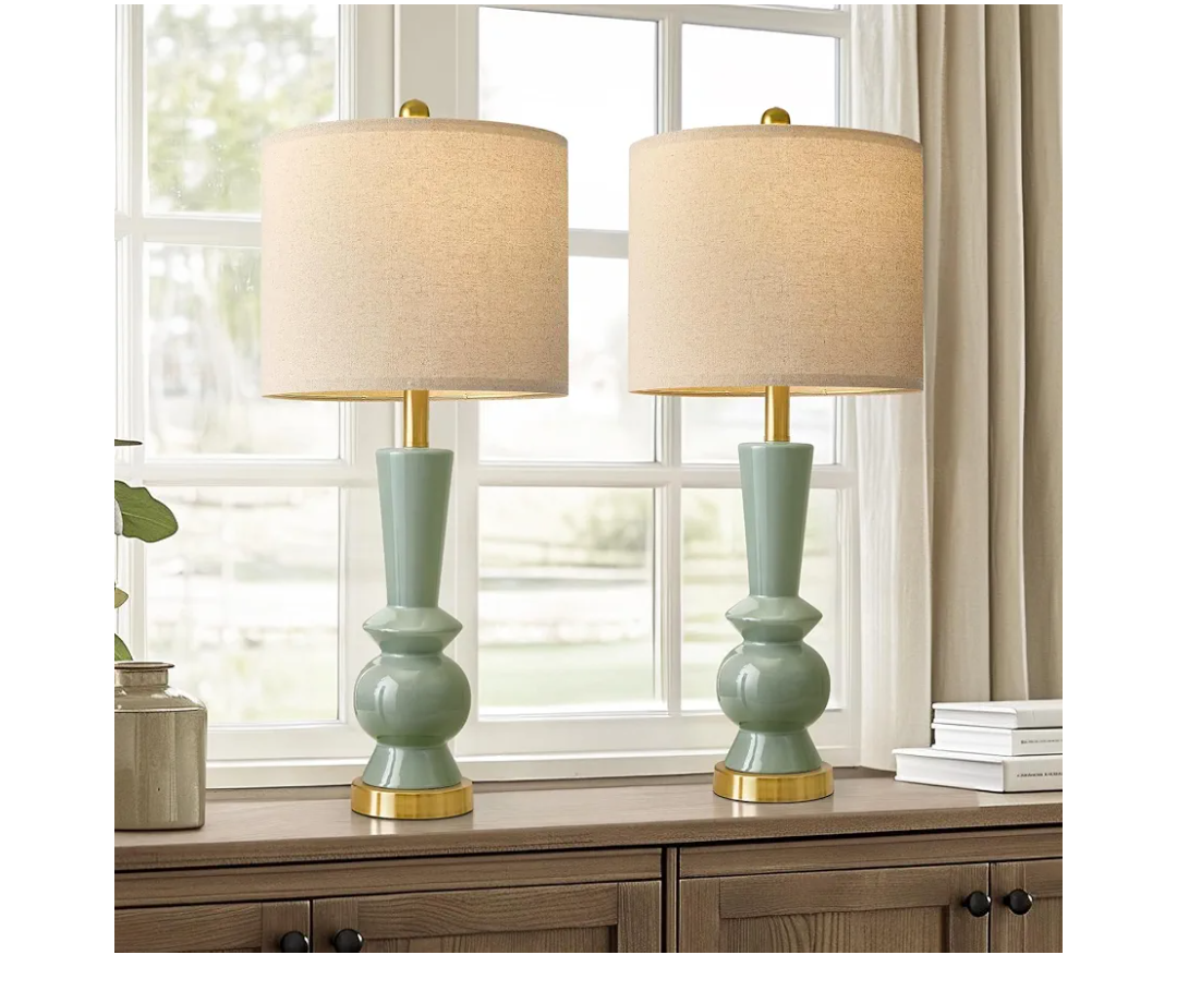 PORTRES 27" Modern Ceramic Table Lamp Set of 2 for Living Room Green & Gold Bedside Lamps for Bedroom Nightstand Lamp Tall End Table Lamps