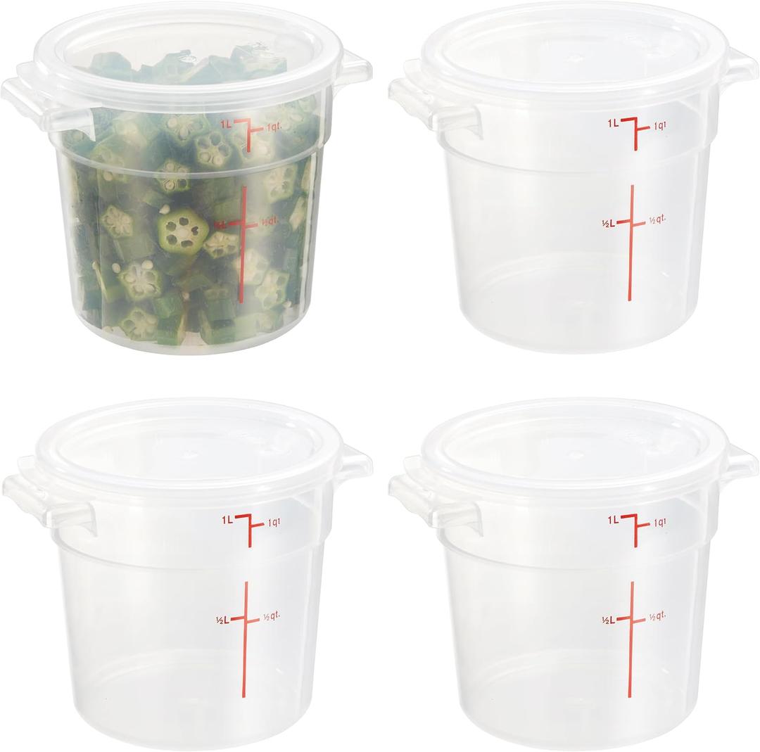 CURTA 1 Quart Translucent Round Food Storage Container with Lid, Pack of 4 NSF Listed, BPA-Free, Commercial-Grade Polypropylene, Freezer & Dishwasher Safe, Non-Stick, Easy-Read Graduations