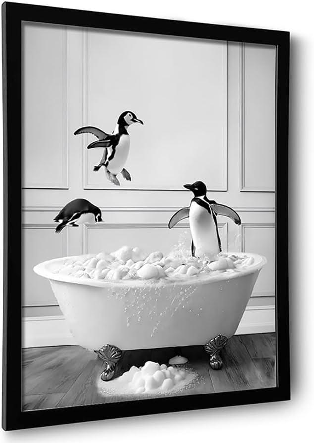 Framed Bathroom Decor Wall Art, Black and White Bathroom Decor, Funny Wall Decoration Animal Penguin in Bathtub, Cute Animal Wall Art for Kid's Room (Framed,11''x14'')