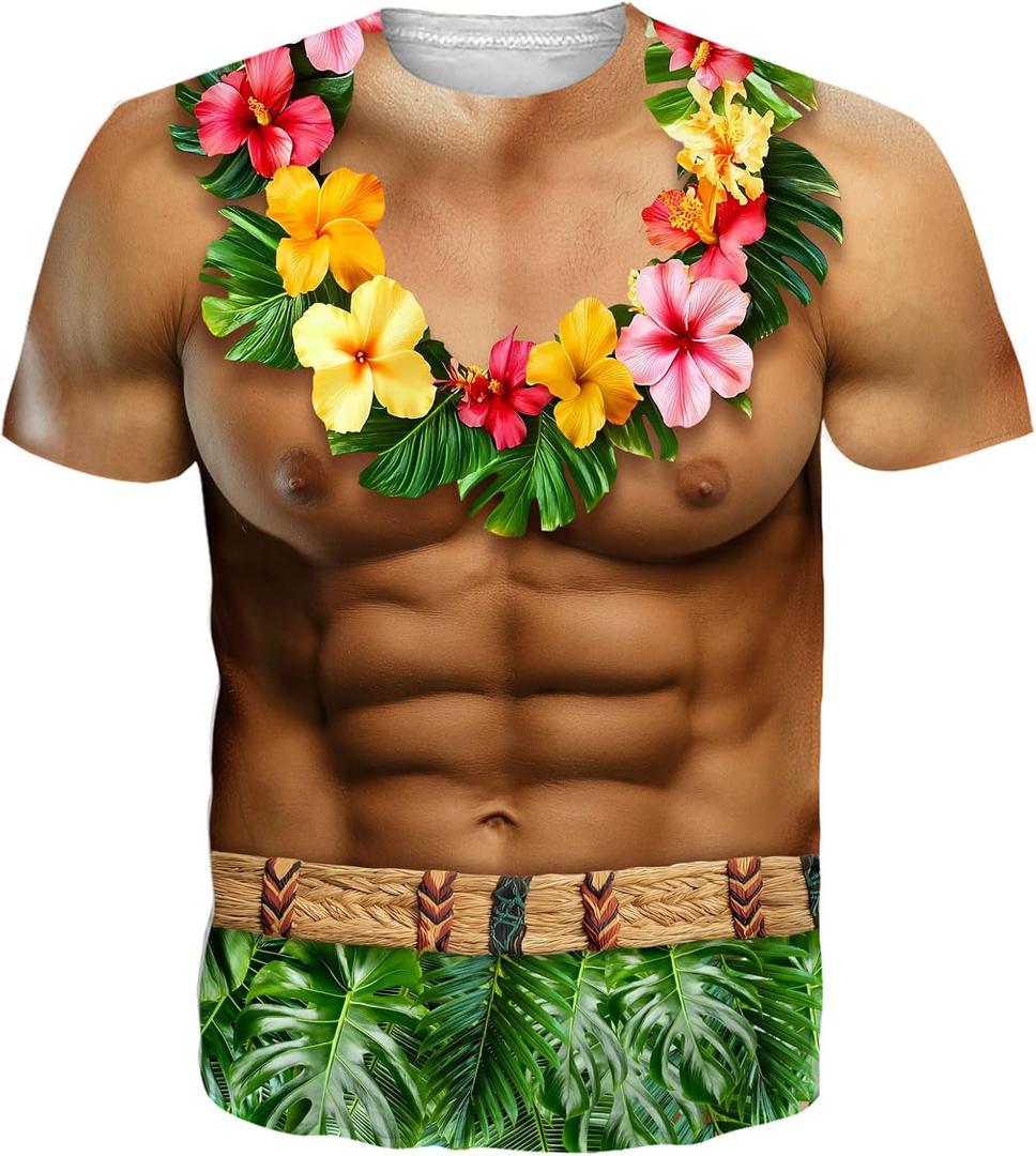 Goodstoworld Unisex 3D Fake Abs T Shirts Shredded Chest Printed Short Sleeve Costume Novelty Tees Shirt (Large, M Hawaiian 01)