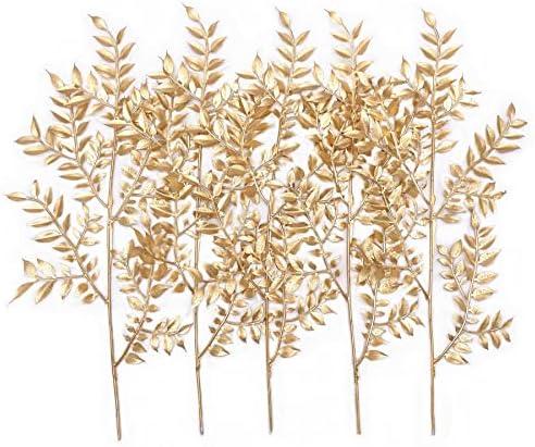 PASYOU Fake Leaves Plants for Christmas Decor, Gold Artificial Shrubs Grass Foliage Plastic Bulk Leaf Indoor Outdoor Home Garden Party Hotel Verandah Wedding Event Faux DIY Decoration - Golden 5 Pack