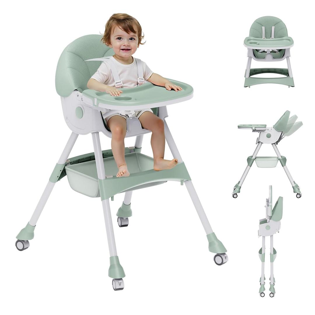 High Chairs for Babies and Toddlers, 4 in 1 Convertible Baby High Chair, Portable High Chair for Travel with Adjustable Height and Back, Foldable HighChair with Wheels& Pu Cushion (Green)