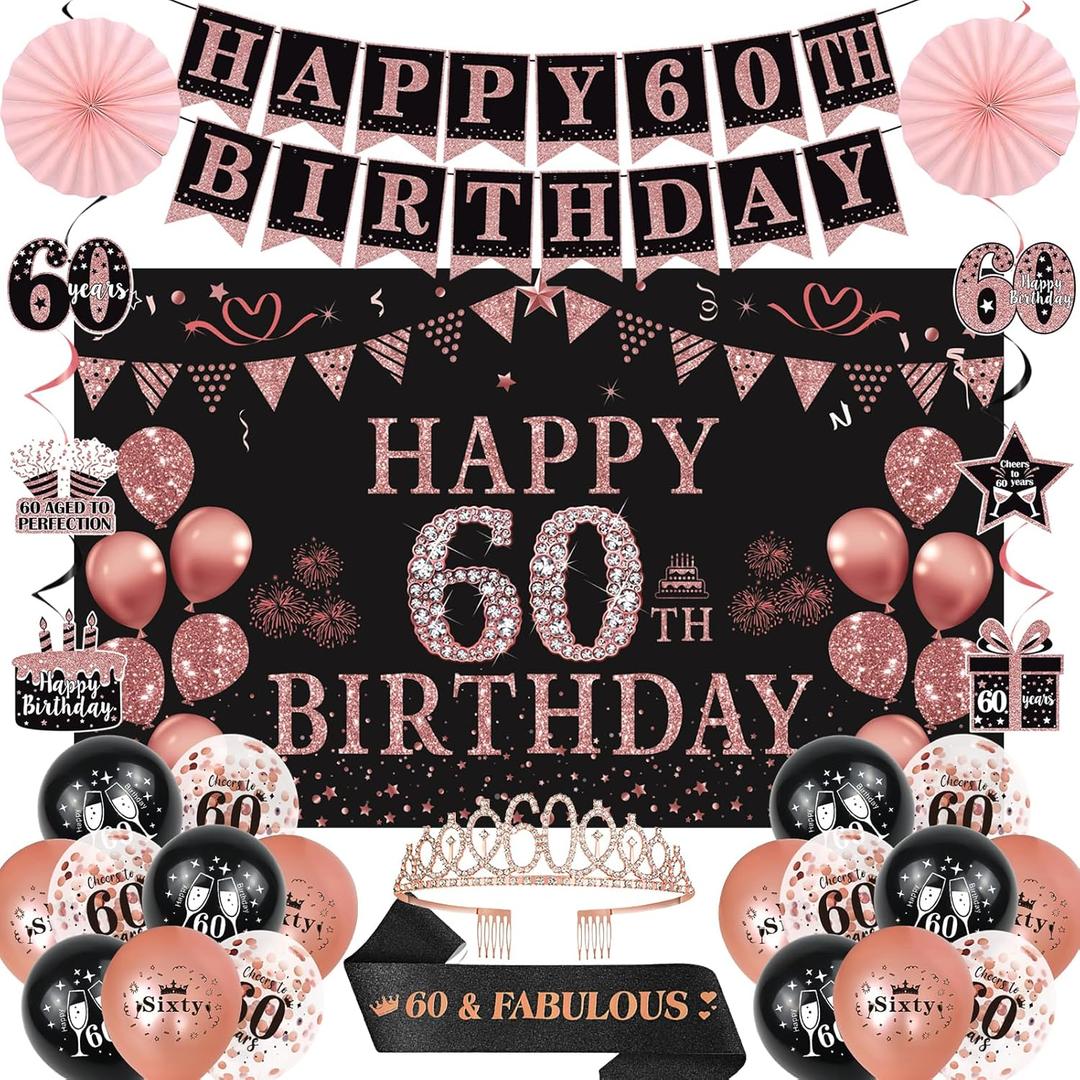 Trgowaul 60th Birthday Decorations for Women, 30pcs Black Rose Gold Happy Birthday Party Supplies, 60th Crown and Sash, Banner, Hanging Swirl Flag, Balloons, 60 Year Old Party Decoration Set