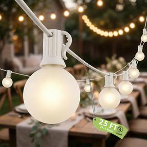 25Ft Outdoor White Frosted String Lights with 27 G40 Frosted Bulbs,E12 Socket base,Waterproof Connectable Hanging Lights for Backyard Wedding Porch Bistro Party Valentine's Day Decor,White Wire