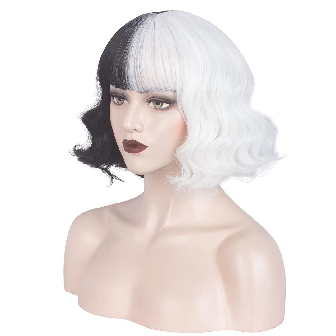 WeKen Half White and Black Wig for Women Cosplay Halloween Costume Synthetic Wigs for Christmas Carnival Party