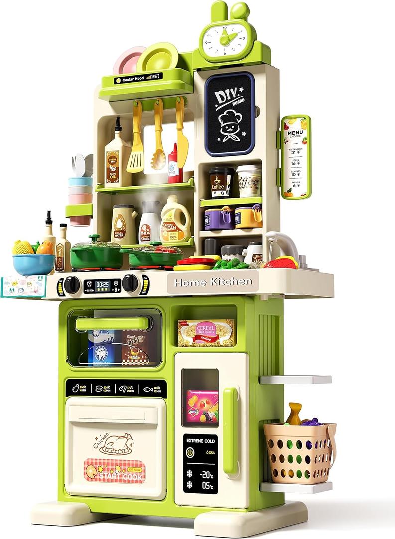 33.8IN - 70PCS Kids Kitchen Playset with Sound & Light - Cooking Stove with Steam, Play Sink and Toy Kitchen Accessories - Pretend Kitchen Play Food Toys for Kids Boys Girls - Toddler Play Kitchen Set (Green)