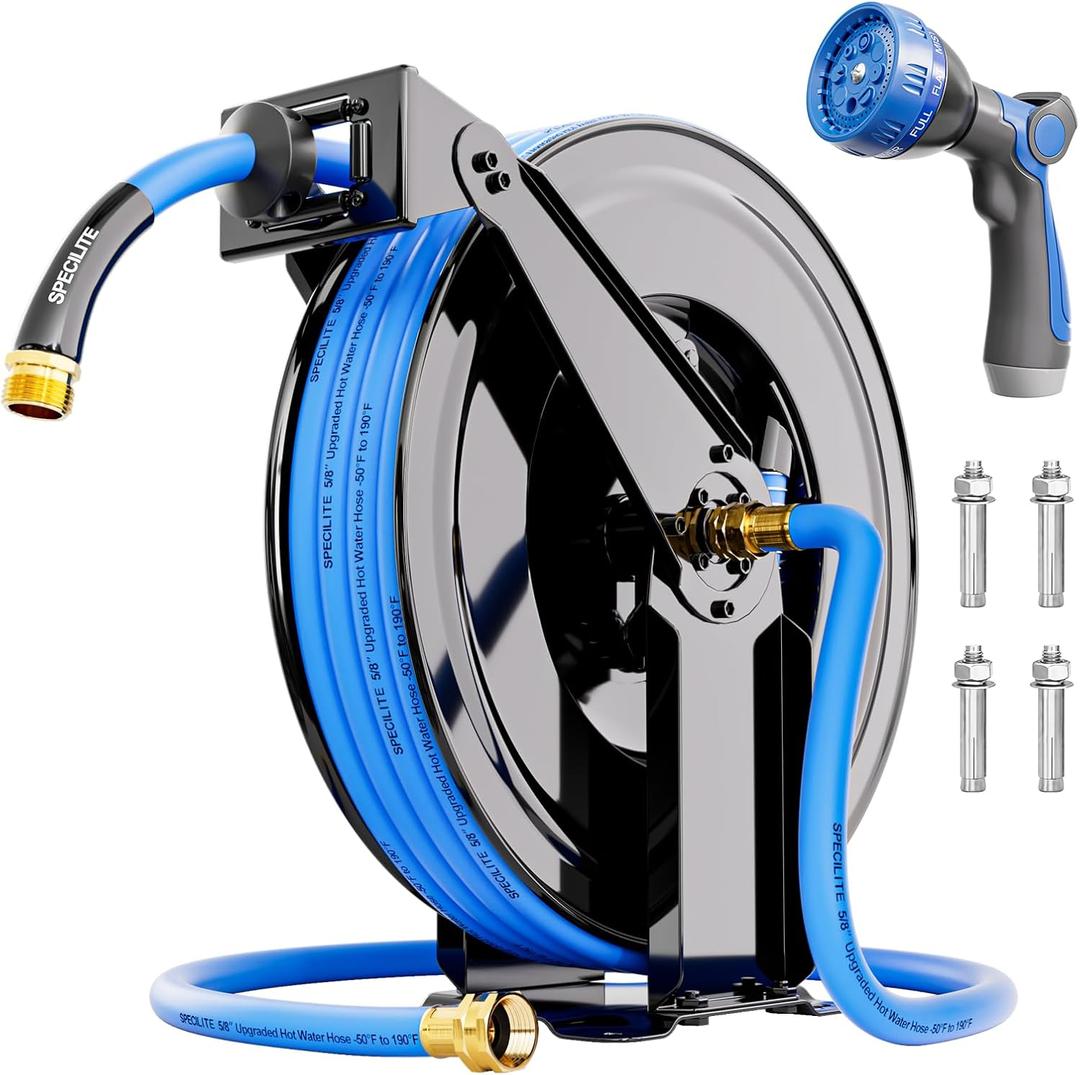 SPECILITE Retractable Hose Reel with 5/8'' Hot/Cold Garden Water Pipe 50ft, -50 - 190, Heavy Duty Metal Wall Mount Spool, with 6ft Lead Hoses, Nozzle, 3/4'' Brass Fittings for Garage, Yard, Blue