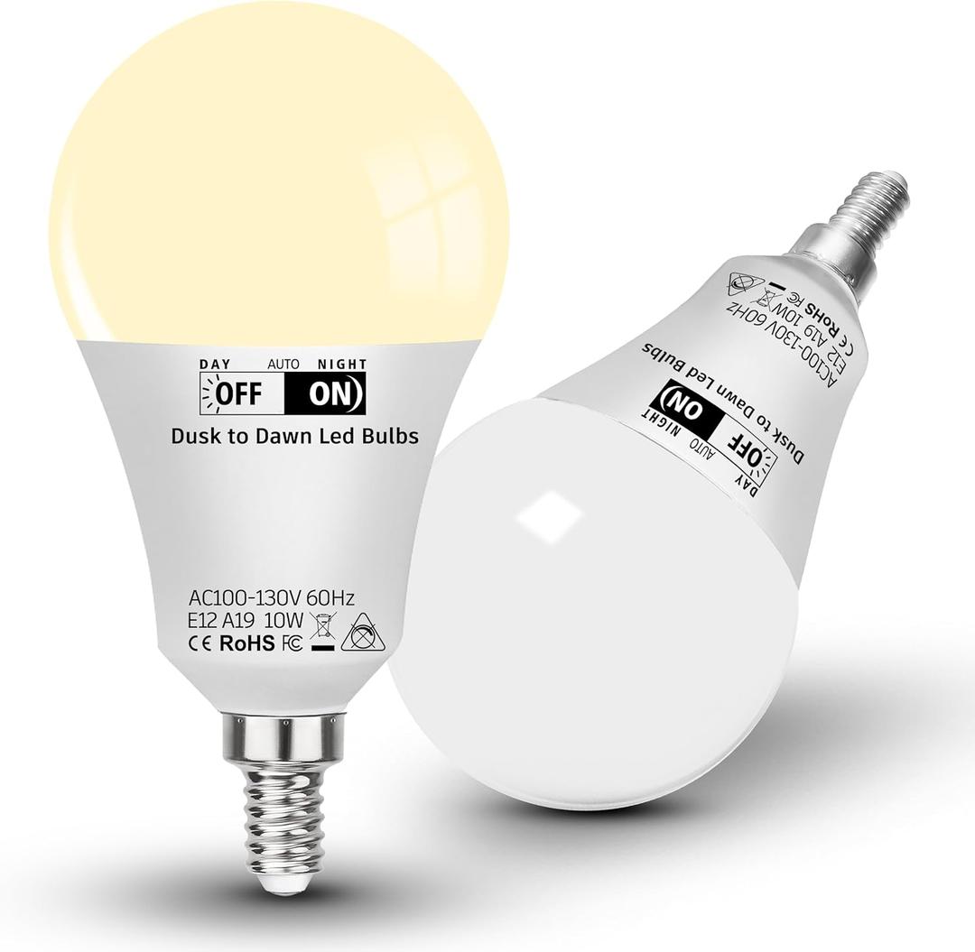 ALIDE E12 Candelabra Globe Dusk to Dawn Light Bulbs Outdoor 100W Equivalent, Automatic On/Off Sensor B11 LED Outside Bulbs 10W 1000LM,2700k Warm White Security Bulbs for Porch Garage Yard Patio,2Pcs