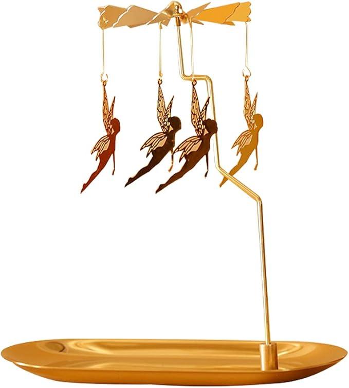 Creahaus Spinning Candle Holder with Tray, Glod Carousel Candle Spinner, Rotating Metal Tea Light Candle Holder for Table Centerpiece, Christmas, Valentine's Day, Party Decor, Gift (Gold Elves)