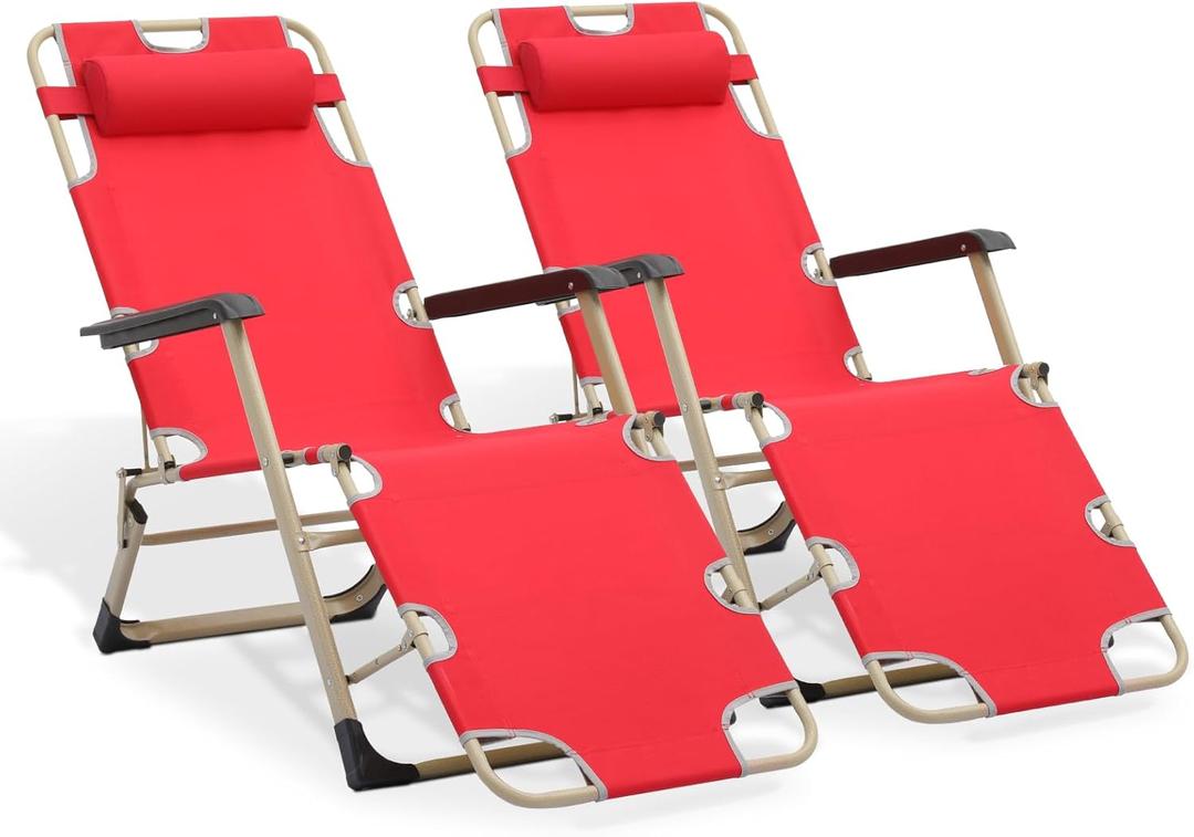 MoNiBloom 3-Position Folding Reclining Patio Chair Set of 2, Patio Lounger Folding Chairs with Adjustable Backrest and Headrest for Backyard Poolside Lawn, 330lbs Capacity (Red)