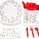 Juvale Christmas Lights Dinnerware Set, Paper Plates, Cutlery, Cups, and Napkins (Serves 24, 144 Pieces)