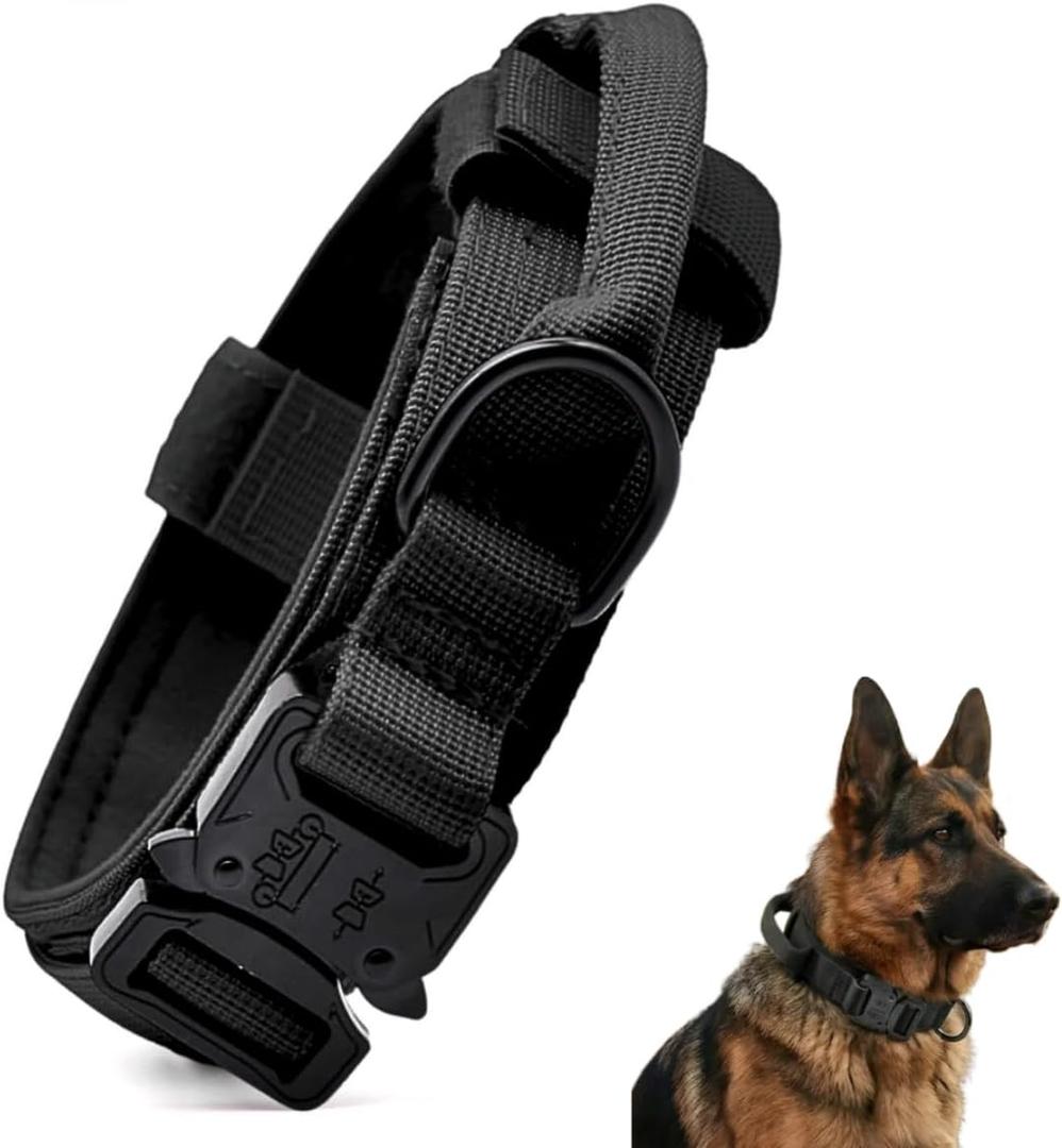 Tactical Dog Collar for Medium Large Dogs, Military Grade Nylon K9 Collar with Control Handle, Heavy Duty Metal Buckle, AirTag Holder & Patches, Adjustable for Training Walking Hiking（L）