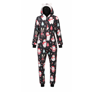 Large Christmas onesie pajama, black with festive Santa, snowman, reindeer, and tree print. Full-length design with front zipper, hood with ears, and elastic cuffs on wrists and ankles. Soft and cozy material — perfect for winter or holiday use
