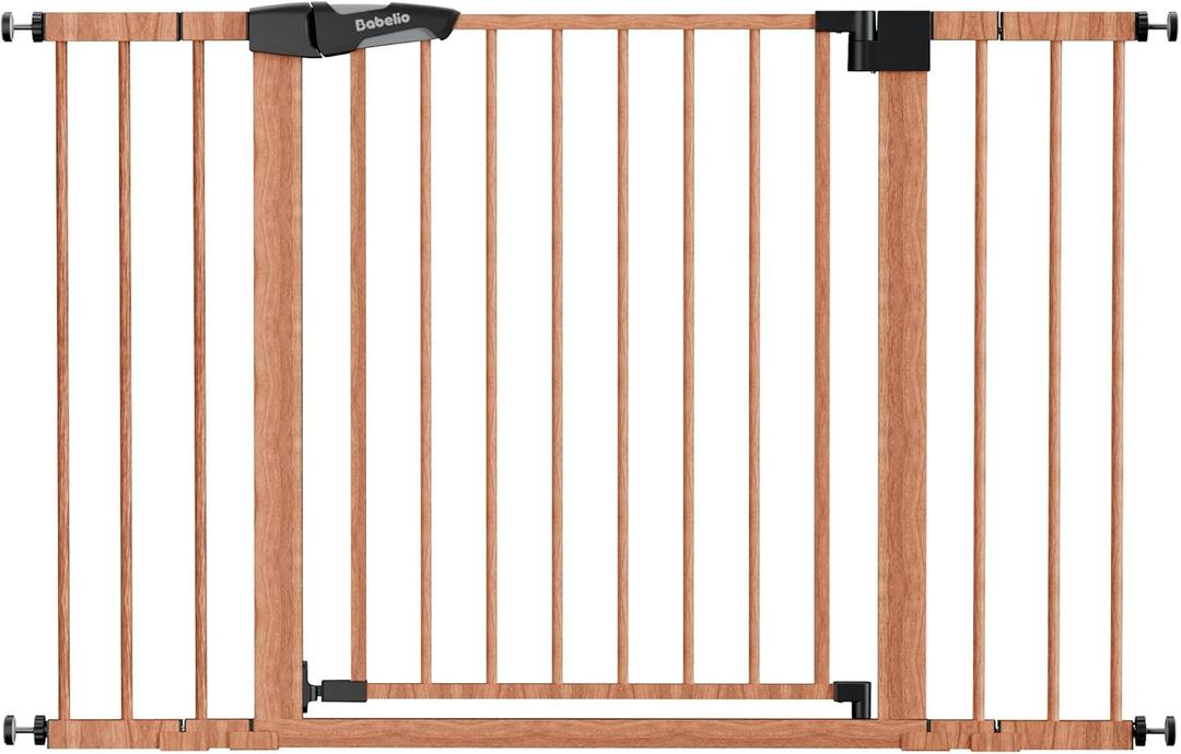 Babelio 29-48" Metal Baby Gate with Brown Wood Pattern, Auto Close Dog Gate PressGuard P7 for The House, Stairs and Doorways, Pressure Mounted Pet Gate with Door, Safety Gate for Child and Pets