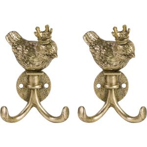 SOFFEE DESIGN 2PCS Crown Bird Double Hooks, Golden Metal Wall Hangers with Twin Prongs for Robes & Hats, Vintage Royal Themed Bedroom Entryway Decor