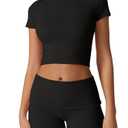 QINSEN Lounge Sets for Women 2 Piece Outfits Cropped Crew Neck Tops Fold Over Shorts Casual Loungewear Black S