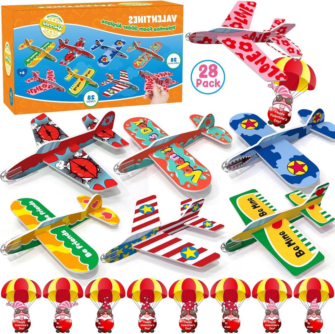 28 Pack Valentines Day Gifts for Kids, Foam Airplanes Party Favor Set with Valentines Greeting Cards for Kids, Valentine's Day School Prize Party Favor, Classroom Exchange Gift Set