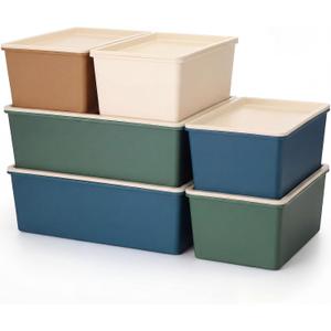 Menkxi 6 Pcs Large and Small Plastic Storage Bins with Lids 14.4 x 10.4 x 5.1 Inch Stackable Storage Containers Decorative Cubby Organizer for Clothes Shelves Garage Closet Office (Neutral color)