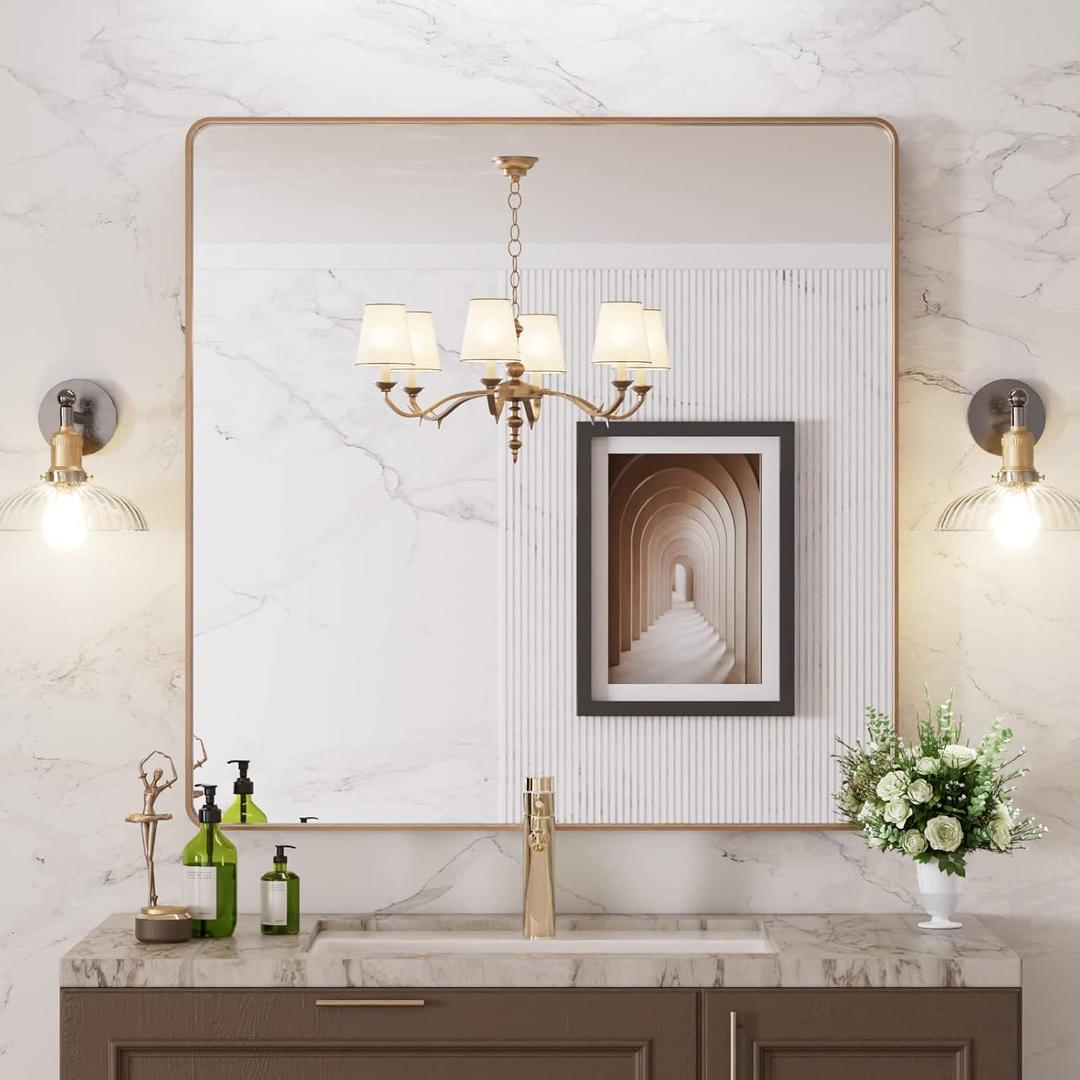 LOAAO 36X36 Gold Bathroom Mirror, Rounded Rectangle Gold Frame Mirror, Brushed Gold Bathroom Vanity Mirror Wall-Mounted, Anti-Rust, Tempered Glass, Hangs Horizontally or Vertically