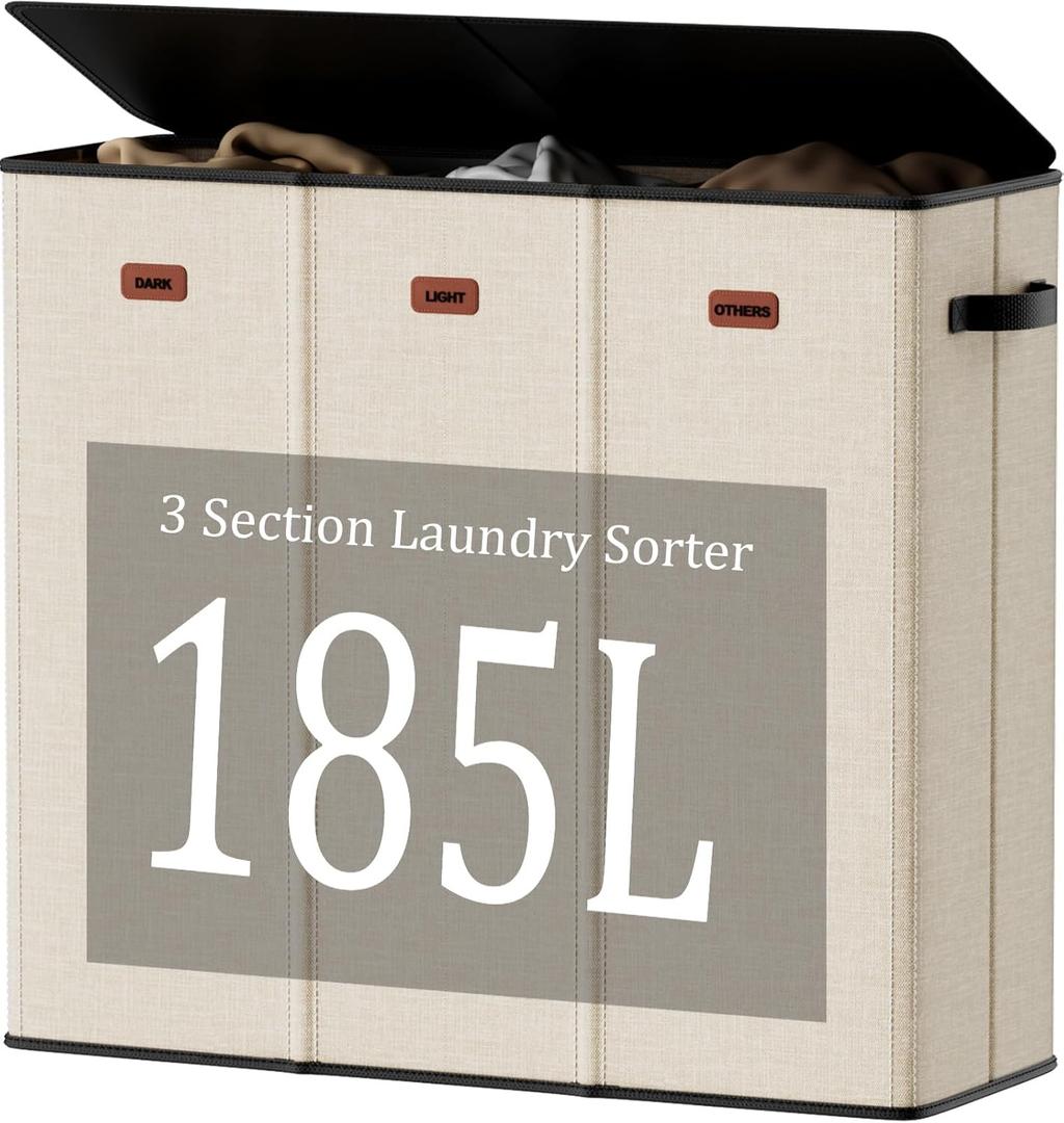 185L Laundry Hamper 3 Section with Lid, Beige Clothes Hamper with 3 Removable Laundry Bags, Large Laundry Basket for Bedroom, Laundry Room, Dorm