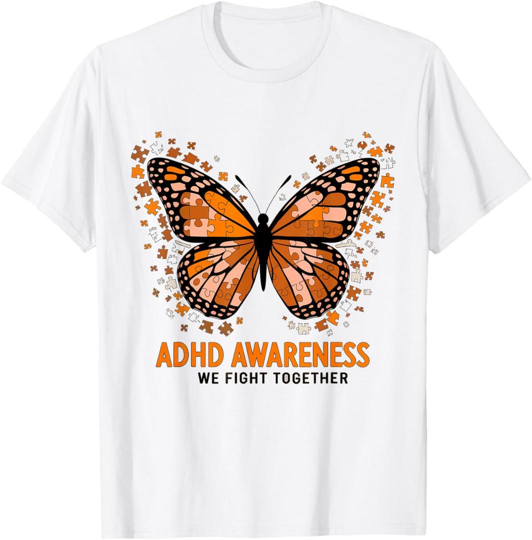 ADHD Awareness Month ADHD Orange Butterfly Neurodiversity T-Shirt