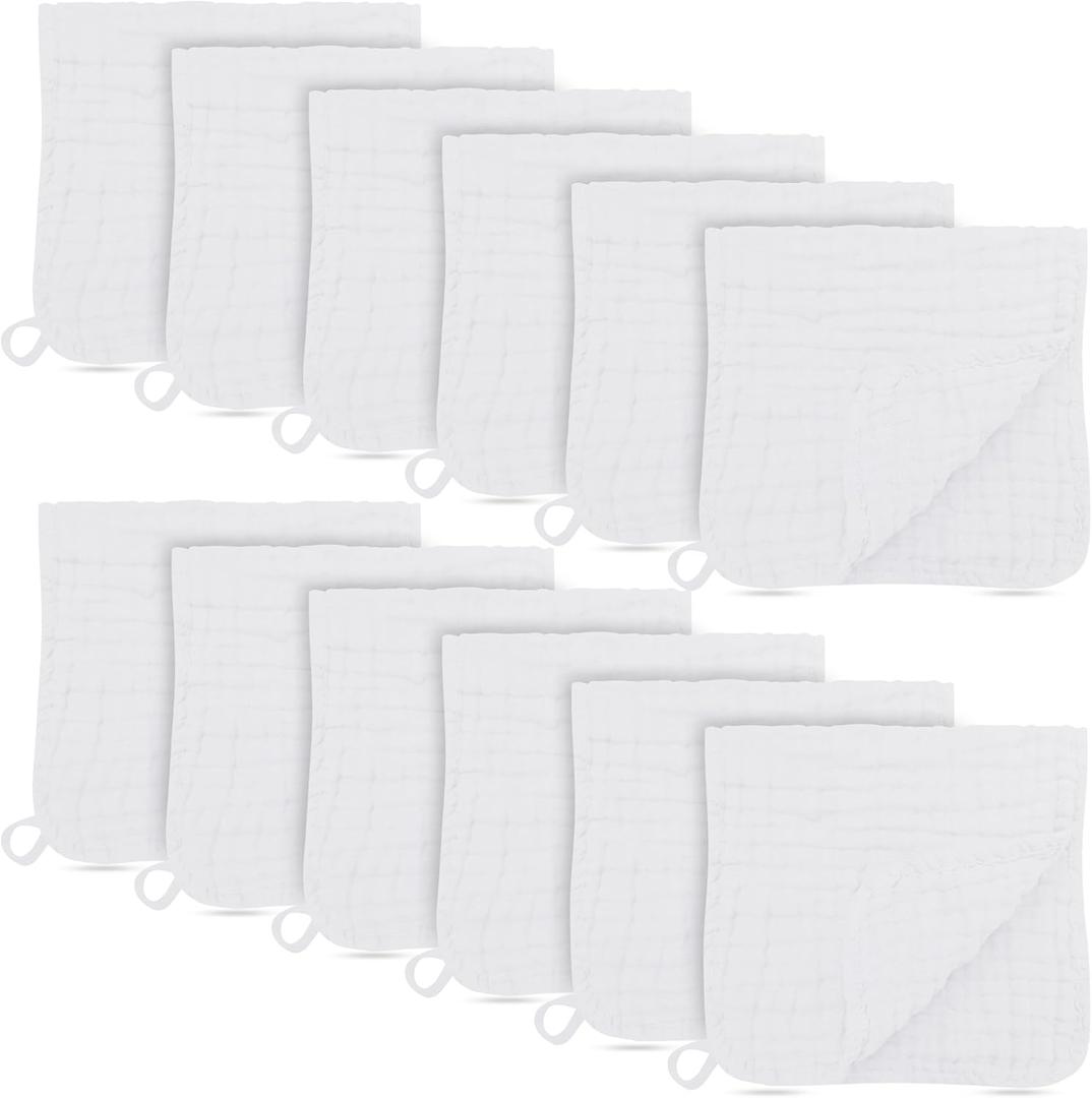 12 Pack Muslin Burp Cloths - Large 20" x 10", Ultra Absorbent 100% Cotton for Baby Drool and Messes - Soft, Gentle Baby Burp Rag for Boys & Girls -White